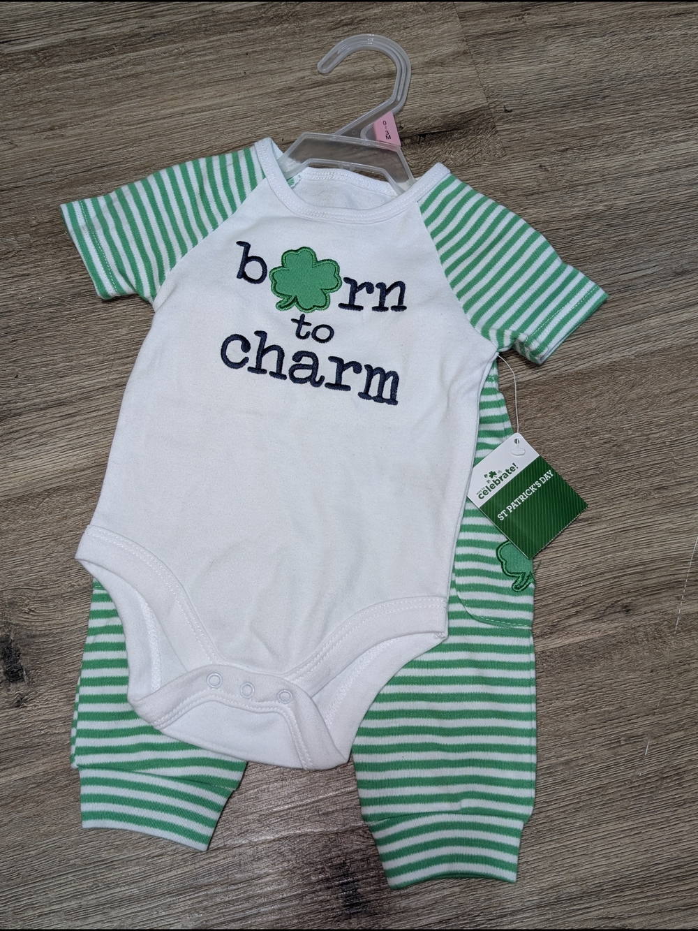 Green & White 'Born to Charm' Baby Onesie & Pants Set Irish Shamrock Stripes